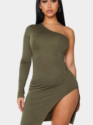 Shape Khaki Jersey One Shoulder Split Bodycon...