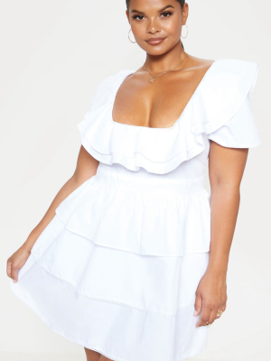 Plus White Square Neck Tiered Frill Dress