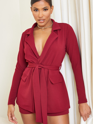 Burgundy Pocket Detail Belted Blazer