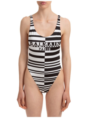 Balmain Logo Striped One-piece Swimsuit