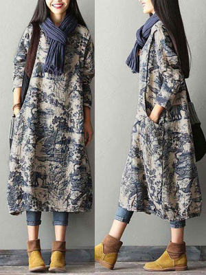 Plus Size - Winter Printing 100%cotton Floral Dress Robe