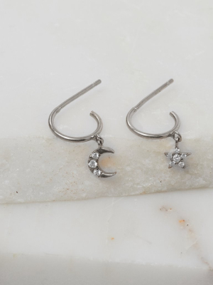 Moonlight Mismatched Tiny Hoops, Silver