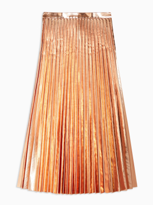 Rose Gold Metallic Pu Pleated Midi Skirt