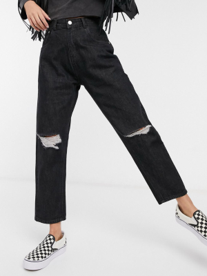 Wednesday's Girl High Waist Mom Jeans With Ripped Knees In Black Wash Denim