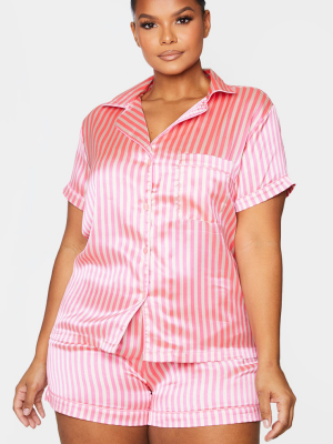 Plus Pink Satin Stripe Button Up Short Pj Set