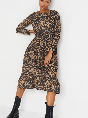 Brown Leopard Print Drop Frill Hem Midi Smock...