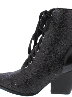 Kelsey18 Black Glitter Pointed Toe Lace Up Ankle Boot