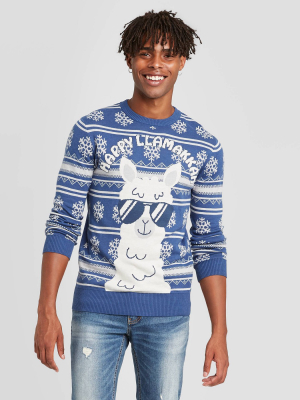 Men's Llama Hanukkah Family Ugly Holiday Sweater - Dark Blue