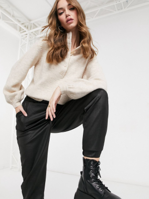 Asos Design Sweater With Button Placket Detail In Oatmeal