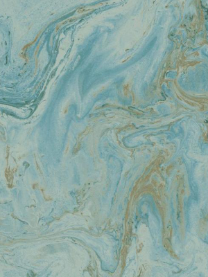 Oil And Marble Wallpaper In Blue And Gold From The Natural Opalescence Collection By Antonina Vella For York Wallcoverings