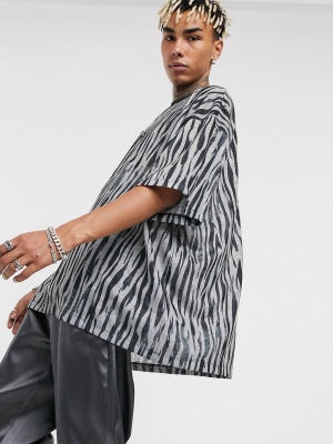 Asos Design Oversized Linen Look T-shirt With 3/4 Sleeves In Zebra Print