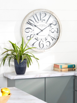 24" X 24" Large Round Railway Wood Wall Clock With Distressed White Wood Rim Black/white - Olivia & May