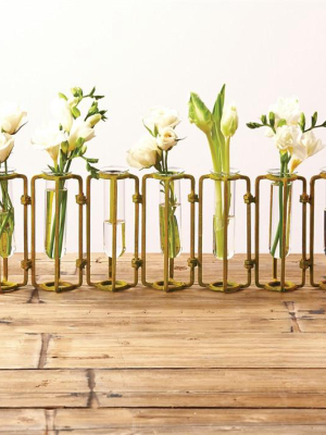 Set Of 7 Small Gold Hinged Flower Vases