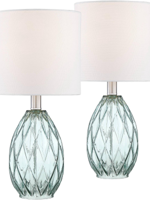 360 Lighting Modern Accent Table Lamps 17 1/2" High Set Of 2 Diamond Blue Green Glass Fabric Drum Shade For Bedroom Bedside Office