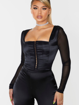 Black Satin Hook And Eye Sheer Sleeve Crop Top