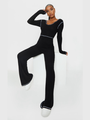 Black Seam Detail Brushed Rib Flared Jumpsuit