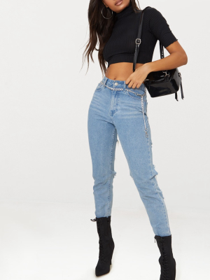 Black Rib Roll Neck Crop Top