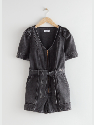 Puff Sleeve Denim Romper