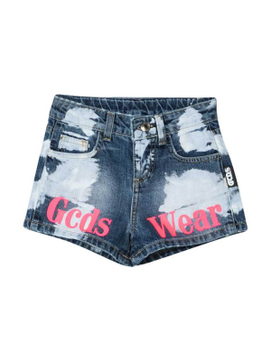 Gcds Kids Logo Printed Bleached Effect Denim Shorts