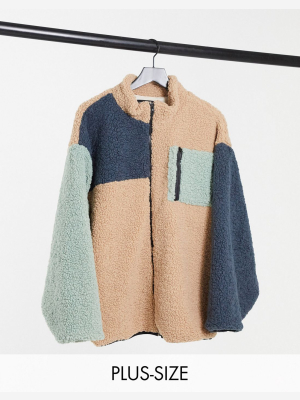 Daisy Street Plus Oversized Jacket In Color Block Fleece