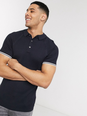 New Look Muscle Fit Knitted Polo In Navy