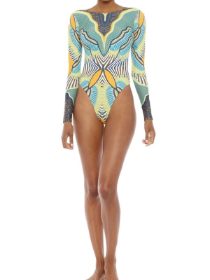 Khai Long Sleeve High Cut One Piece Swimsuit - Green & Yellow Geometric Print