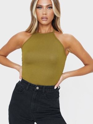 Olive Racer Neck Thong Bodysuit