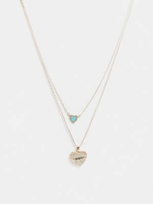 Asos Design Multirow Necklace With Heart Charm Pendants In Gold Tone