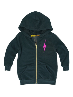 Kids Bolt Print Zip Hoodie - Charcoal // Neon Pink