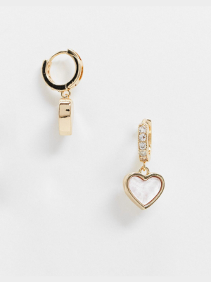 Asos Design Crystal Hoop Earrings With Pink Heart Charm In Gold Tone