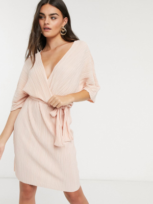 Y.a.s Wrap Mini Dress With Kimono Sleeve In Pale Pink Plisse