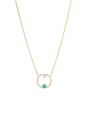 14k Circle Prong Emerald And Diamond Necklace