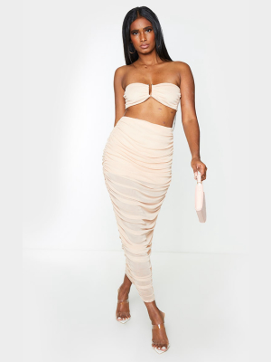 Nude Mesh Layered Extreme Ruched Side Midaxi Skirt