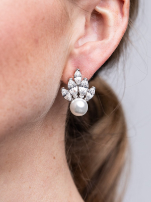 Silver And Crystal White Pearl Fan Pierced Earrings