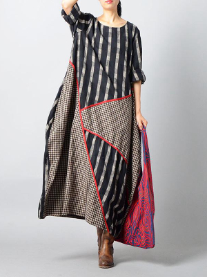 Plus Size - Stripes Plaid Spliced Irregular Cotton Linen Dress