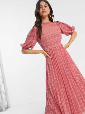 Asos Design High Neck Pleated Chevron Dobby Midi Dress With Puff Sleeve In Tea Rose