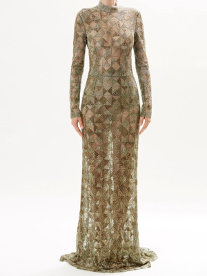 Moss Fully Embroidered Long Sleeve High Neck Gown