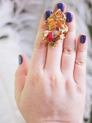 Vintage Brutalist Modern Statement Ring With Carnelian, Jade, And Amethyst Cabochons