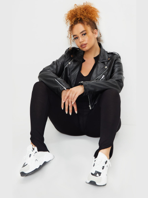 Plus Black Cropped Pu Biker Jacket With Zips