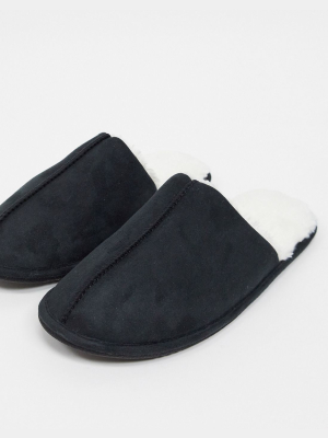 Asos Design Slip On Slippers In Black With Cream Faux Fur Lining