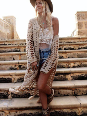 Boho Style Fringe Long Sleeve Crochet Cover Up