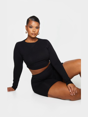 Plus Black Cotton Long Sleeve Cropped Top