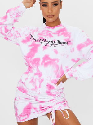 Prettylittlething Hot Pink Tie Dye Ruched Side...