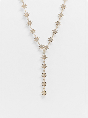 Asos Design Lariat Necklace In Crystal Starbursts In Gold Tone