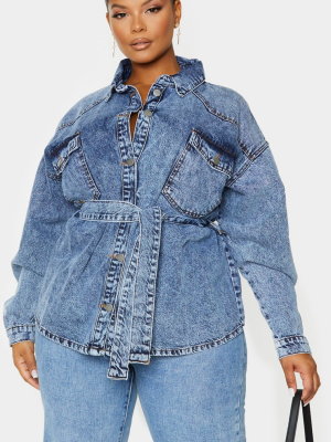 Plus Mid Blue Acid Wash Belted Denim Jacket