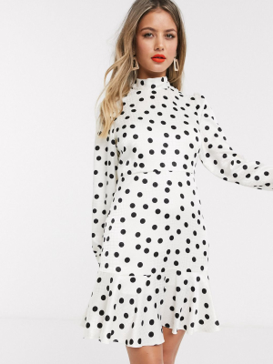 Style Cheat Tie Neck Open Back Mini Skater Tea Dress In Cream Polka Dot Print