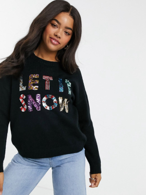 Asos Design Charity Christmas Sweater Sequin Let It Snow For Asos Foundation