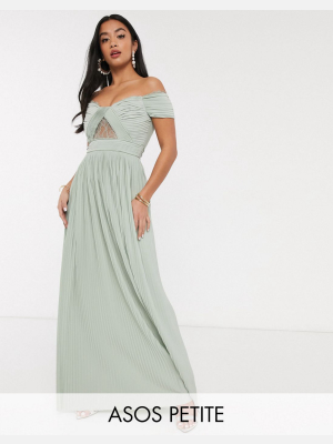 Asos Design Petite Premium Lace And Pleat Off-the-shoulder Maxi Dress In Sage