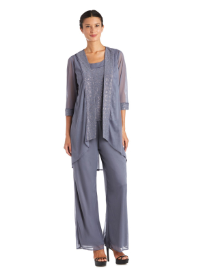 Faux Three-piece Pant Set With Sparkle Top And Sheer Cardigan