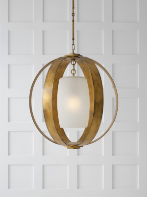 Metal Banded Large Lantern In Gilded Iron With Frosted Glass